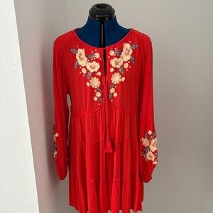 Free People Red Floral Embroidered Tunic